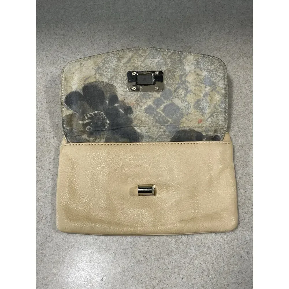 Elliott Lucca Pebbled Leather Envelope Clutch Wallet Turn Lock Purse Brown/Cream